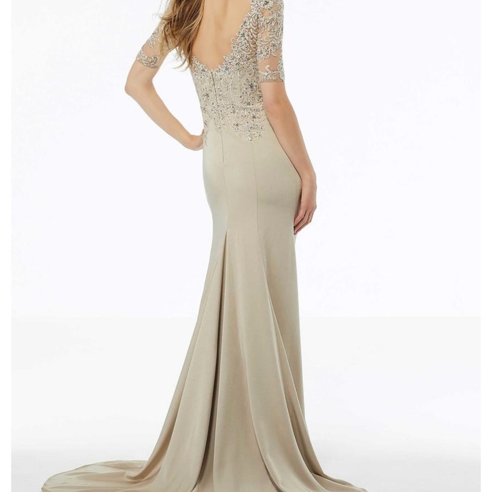 Mori Lee Navy Blue Long Sleeve Lace Bodice Mermaid Gown - Picture 5 of 6